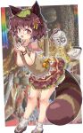  1girl animal_ears bell bloomers blush breasts brown_shirt brown_skirt feet_out_of_frame full_body futatsuiwa_mamizou glasses hair_ornament highres jingle_bell kolshica leaf leaf_hair_ornament leaf_on_head looking_at_viewer open_mouth pince-nez raccoon_ears raccoon_tail sandals shirt short_sleeves skirt small_breasts socks standing tail tanuki touhou underwear white_bloomers white_legwear 