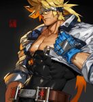  1boy abs artist_name bara belt blonde_hair blue_eyes bodysuit commission gloves guilty_gear headband jacket large_pectorals long_hair long_sideburns looking_at_viewer male_focus muscular muscular_male na_insoo open_clothes open_jacket pectoral_cleavage pectorals ponytail sideburns sol_badguy solo tight upper_body 