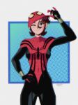  1990s_(style) 1girl absurdres animification aqua_eyes bangs breasts brown_hair covered_navel english_commentary gloves hair_behind_ear hair_between_eyes highres levidu99 marvel mayday_parker medium_breasts one_eye_closed removing_mask retro_artstyle short_hair smirk solo spider-girl spider-man_(series) 