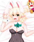  1girl animal_ears areola_slip areolae bangs black_leotard blonde_hair blush bow bowtie breasts character_doll commentary_request detached_collar eyebrows_visible_through_hair fake_animal_ears green_bow green_bowtie green_eyes hair_between_eyes highres hoshiguma_yuugi leotard looking_at_viewer lying medium_breasts mizuhashi_parsee on_back on_bed open_mouth playboy_bunny pointy_ears rabbit_ears short_hair solo strapless strapless_leotard suirennka_(scar_of_mind) touhou upper_body wrist_cuffs 