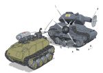  armored_vehicle attack caterpillar_tracks commentary_request debris from_behind from_side gatling_santouhei ground_vehicle highres mace military military_vehicle motor_vehicle no_humans original shadow simple_background sketch tank vehicle_focus weapon white_background 