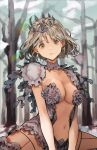  1girl bare_arms blurry blurry_background breasts brown_eyes brown_hair cleavage closed_mouth commentary crown garter_straps highres lens_flare looking_at_viewer medium_breasts muyu713 navel original outdoors revealing_clothes short_hair sitting solo spread_legs tree 