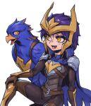  1girl :d animal armor belt bird black_bodysuit blue_cape blue_hair bodysuit boots brown_belt brown_footwear brown_gloves cape gloves knee_up league_of_legends lower_teeth orange_eyes phantom_ix_row quinn_(league_of_legends) shiny shiny_hair short_hair shoulder_armor simple_background sitting smile teeth thigh_boots thighhighs valor_(league_of_legends) white_background 