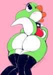  absurd_res anthro clothed clothing collar dinosaur female green_yoshi hi_res legwear looking_at_viewer mario_bros nintendo partially_clothed pukemilked reptile scalie solo spiked_collar spikes stockings video_games yoshi 
