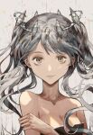  1girl bare_shoulders breasts brown_eyes cleavage closed_mouth collarbone commentary grey_background grey_hair highres light_smile long_hair looking_at_viewer medium_hair muyu713 original solo tiara twintails upper_body 