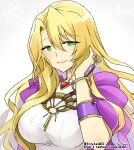  1girl bangs blonde_hair bracelet breasts cape dress eyebrows_visible_through_hair fire_emblem fire_emblem:_the_blazing_blade green_eyes hair_between_eyes hand_in_own_hair jewelry large_breasts long_hair looking_at_viewer saint_elimine_(fire_emblem) smile solo upper_body white_background white_dress yukia_(firstaid0) 