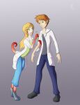 anthro blonde_hair blush brown_eyes brown_hair clothed clothing coat colored dragon duo female gradient_background green_eyes growth hair human injection lab_coat male male/female mammal mid_transformation red_body science sepisnake simple_background species_transformation tail_growth topwear transformation 