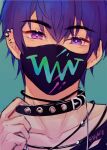  1boy artist_name bangs black_choker choker close-up earrings green_background highres jewelry lilydally looking_at_viewer marius_von_hagen_(tears_of_themis) mask mouth_mask purple_eyes purple_hair short_hair single_earring solo tears_of_themis twitter_username 