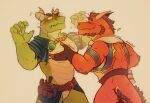  absurd_res activision anthro blush clothed clothing delbin_(spyro) dragon duo eyebrows fingerless_gloves gloves green_body hair handwear hi_res horn male male/male muscular muscular_anthro muscular_male nestor_(spyro) partially_clothed pec_grasp red_body scalie spyro_reignited_trilogy spyro_the_dragon video_games xeoniios 