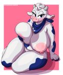  2022 absurd_res anthro areola big_breasts blue_body blue_eyes blue_fur blush bovid bovine breasts cattle eyebrows female fur hair hi_res holding_breast holstein_friesian_cattle horn huge_breasts kerchief kerchief_only lactaid lactaid_cow looking_at_viewer mammal markings mascot mole_(marking) mostly_nude neckerchief neckerchief_only nipples sitting slightly_chubby solo thigh_thighs toto_draw white_body white_fur white_hair 