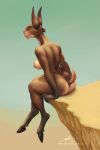  absurd_res ais05 anna_(validheretic) anthro big_ears blue_eyes breasts butt female goblin hi_res hooves humanoid nipples nude outside sand short_tail side_boob sitting solo 