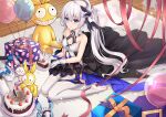  2girls balloon bangs birthday_cake black_gloves blue_eyes bronya_zaychik bronya_zaychik_(herrscher_of_reason) cake cake_slice closed_mouth doll dress floor food full_body gift gloves hair_ornament happy_birthday highres homei_(honkai_impact) homu_(honkai_impact) honkai_(series) honkai_impact_3rd indoors long_hair looking_at_viewer mattress multiple_girls seiza side_ponytail sitting sleeveless sleeveless_dress smile soles solo theresa_apocalypse theresa_apocalypse_(twilight_paladin) thighhighs white_dress white_gloves white_hair white_legwear yiduan_zhu 