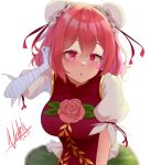  1girl :o absurdres bandaged_arm bandages bangs blush breasts bun_cover chinese_clothes double_bun eyelashes flower green_skirt highres ibaraki_kasen medium_breasts natch_imaycz pink_eyes pink_flower pink_hair pink_rose puffy_short_sleeves puffy_sleeves red_ribbon red_tabard ribbon rose short_sleeves sitting skirt tabard touhou vine_print 