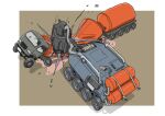  armored_vehicle attack broken_glass brown_background commentary_request debris drum_(container) exhaust_pipe from_above gatling_santouhei glass ground_vehicle highres liquid motion_lines motor_vehicle no_humans original shadow sketch trailer truck vehicle_focus wheel 