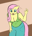  anthro axentooth blue_eyes breasts cleavage clothed clothing ears_back equid equine female fingers fluttershy_(mlp) friendship_is_magic gesture green_clothing green_shirt green_topwear hair hand_on_leg hand_on_thigh hasbro horse leaning leaning_forward mammal mane my_little_pony open_mouth open_smile pink_hair pivoted_ears pony shirt smile solo tank_top text topwear waving yellow_body 