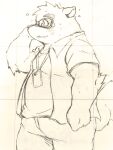  2019 anthro black_and_white bottomwear camera canid canine canis clothed clothing eyewear glasses guide_lines hi_res kounosuke_(morenatsu) male mammal monochrome morenatsu open_clothing open_shirt open_topwear overweight overweight_male pants raccoon_dog shirt sketch slightly_chubby solo tanuki topwear ukkaritanuki video_games visual_novel 