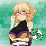  1girl arm_under_breasts bangs bespectacled black_skirt blonde_hair blush breasts brown_shirt closed_mouth comiket_85 commentary_request eyebrows_visible_through_hair glasses green_eyes hair_between_eyes half_updo honeycomb_(pattern) honeycomb_background large_breasts looking_at_viewer mizuhashi_parsee pointy_ears red-framed_eyewear sash shirt short_hair short_ponytail short_sleeves skirt sleeveless sleeveless_shirt solo suirennka_(scar_of_mind) touhou translation_request upper_body white_sash 
