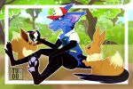  ambiguous_gender anthro detailed_background eevee feral grass group happy hi_res hybrid monster nintendo pawpads paws plant pok&eacute;ball pok&eacute;mon pok&eacute;mon_(species) shaded throws_up_on_u tree video_games 