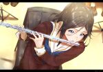  1girl bangs black_hair blue_eyes blue_neckerchief blush brown_footwear brown_shirt brown_skirt chair flute from_above hands_up hibike!_euphonium highres holding holding_instrument instrument kasaki_nozomi kitauji_high_school_uniform kuziaaizuk liz_to_aoi_tori loafers long_hair long_sleeves music_stand neckerchief parted_lips pleated_skirt ponytail sailor_collar school_uniform serafuku shirt shoes sitting skirt white_sailor_collar 