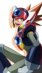  1boy android axl_(mega_man) brown_hair commentary_request cross_scar feet_out_of_frame green_eyes helmet highres knee_up lower_teeth male_focus mega_man_(series) mega_man_x:_command_mission mega_man_x_(series) open_mouth parco_1315 robot scar scar_on_face simple_background sitting solo teeth upper_teeth 
