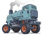  commentary_request from_behind from_side gatling_santouhei ground_vehicle highres ladder locomotive motor_vehicle no_humans original shadow simple_background smoke smokestack steam_locomotive suspension valve vehicle_focus wheel white_background 