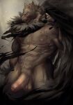  anthro blaidd_(elden_ring) canid canine canis cape cape_only clothing elden_ring erection fangs fenwick_art foreskin fromsoftware genitals hi_res humanoid_genitalia humanoid_penis male mammal mostly_nude muscular muscular_anthro muscular_male penis scar solo video_games wolf 