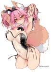  1girl animal_ear_fluff animal_ears armpits arms_behind_head bangs blush breasts censored fate/extra fate_(series) flustered fox_ears fox_girl fox_tail hair_between_eyes highres large_breasts long_hair looking_at_viewer pasties pink_hair sidelocks solo tail tamamo_(fate) tamamo_no_mae_(fate/extra) tape tape_censor tape_on_nipples tape_on_pussy visible_air wisespeak yellow_eyes 