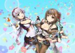  2girls :d :o bangs bare_shoulders blue_background blue_eyes bodysuit braid breasts brown_eyes brown_hair brown_legwear cleavage crossover girls&#039;_frontline holding_hands honkai_(series) honkai_impact_3rd hue301 jacket k2_(girls&#039;_frontline) kiana_kaslana kiana_kaslana_(white_comet) long_sleeves looking_at_viewer multiple_girls navel pantyhose side_ponytail smile twin_braids white_bodysuit white_jacket 