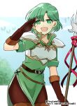  1girl :d armor bangs belt boots breastplate brown_gloves dress eyebrows_visible_through_hair fire_emblem fire_emblem:_thracia_776 gloves green_dress green_eyes green_hair holding holding_polearm holding_weapon karin_(fire_emblem) looking_at_viewer open_mouth polearm short_hair shoulder_armor smile thigh_boots thighhighs weapon yukia_(firstaid0) 