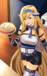  1girl :d absurdly_long_hair arknights arm_strap bangs bare_shoulders black_gloves black_skirt blonde_hair blue_eyes blue_hairband blue_necktie breasts commentary_request cowboy_shot elbow_gloves eyebrows_visible_through_hair food gloves hair_between_eyes hairband highres holding holding_food horns indoors long_hair looking_at_viewer medium_breasts miniskirt necktie open_mouth pointy_ears saileach_(arknights) shirt skirt smile solo standing tenjinmeshi thighhighs very_long_hair white_legwear white_shirt zettai_ryouiki 