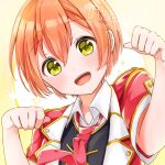  1girl :d artist_name bangs blush buntason_(buritarooooo) commentary_request eyebrows_visible_through_hair hair_between_eyes highres hoshizora_rin looking_at_viewer love_live! necktie open_mouth orange_hair paw_pose red_necktie short_hair short_sleeves smile solo thank_you twitter_username upper_body watermark yellow_eyes 