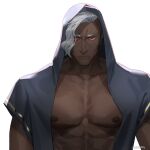  1boy abs artist_name bara bare_pectorals close-up dark-skinned_male dark_skin frown highres hood hoodie jacket large_pectorals looking_at_viewer male_focus manly muscular muscular_male nipples o3tofu open_clothes open_jacket original pectorals red_eyes silver_hair solo upper_body 