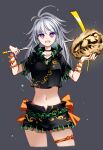  1girl bow fossil gold grey_eyes grey_hair highres himemushi_momoyo holding holding_pickaxe jewelry long_hair messy_hair navel orange_bow pickaxe purple_eyes raptor7 ring shirt skirt skirt_set solo touhou 