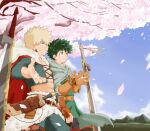  2boys abs absurdres bakugou_katsuki belt blonde_hair boku_no_hero_academia brown_belt brown_gloves cape cherry_blossoms day earrings fingerless_gloves freckles fur_trim gloves green_cape green_hair green_pants highres holding holding_petal jewelry male_focus midoriya_izuku multiple_boys no_control outdoors pants petals red_cape red_eyes sheath sheathed sky smile spiked_hair standing sword tree weapon 