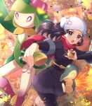  1girl :o akari_(pokemon) black_hair black_shirt commentary_request cyndaquil eyelashes fire floating_scarf grey_eyes haru_(haruxxe) head_scarf highres hisuian_lilligant holding holding_poke_ball jacket long_hair looking_at_viewer loose_socks open_mouth pantyhose poke_ball poke_ball_(legends) pokemon pokemon_(game) pokemon_legends:_arceus sash scarf shiny shiny_hair shirt shoes skirt tongue white_headwear 