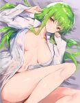  1girl bangs bare_legs bed_sheet blush breasts breasts_apart c.c. closed_mouth code_geass collarbone collared_shirt commentary_request dress_shirt eyebrows_visible_through_hair feet_out_of_frame from_above green_hair hair_between_eyes large_breasts legs_up long_hair long_sleeves looking_at_viewer lying medium_breasts naked_shirt navel no_bra on_back on_bed open_clothes open_shirt shirt signature sleeves_past_wrists solo thighs very_long_hair white_shirt yaegashi_nan yellow_eyes 