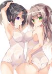  2girls adjusting_clothes adjusting_swimsuit ass bangs barre black_hair blush breasts brown_hair closed_mouth commentary covered_navel eyebrows_visible_through_hair green_eyes hair_ribbon hair_tie hair_tie_in_mouth highres long_hair looking_at_viewer medium_breasts mouth_hold multiple_girls old_school_swimsuit original ponytail purinpurin purple_eyes ribbon school_swimsuit see-through sideboob sidelocks simple_background standing swimsuit two_side_up tying_hair wet wet_clothes white_background white_swimsuit 