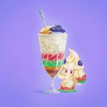  alcremie closed_mouth commentary cup dessert food glass go-lurk holding holding_cup looking_up no_humans pokemon pokemon_(creature) purple_background red_eyes solo spoon 