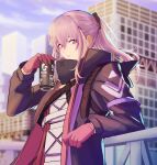  1girl 3_small_spiders absurdres bangs blue_sky breasts commentary dress eyebrows_visible_through_hair girls&#039;_frontline gloves highres holding holding_jar house jacket jar light_purple_eyes long_hair looking_at_viewer open_clothes open_jacket open_mouth parted_lips pink_gloves pink_hair ponytail purple_jacket scenery simple_background sky small_breasts solo st_ar-15_(girls&#039;_frontline) upper_body white_dress 