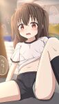  1girl ? bangs black_legwear black_shorts blue_panties blurry blurry_background blush brown_eyes brown_hair clothes_lift commentary_request depth_of_field eyebrows_visible_through_hair feet_out_of_frame gym_shirt gym_shorts gym_uniform hair_between_eyes highres hippo_(hirople) indoors knee_up kneehighs long_hair looking_at_viewer navel open_mouth original panties shirt shirt_lift short_shorts shorts sitting solo translation_request two_side_up underwear wavy_mouth 