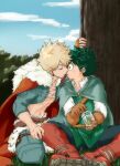  2boys abs absurdres bakugou_katsuki belt blonde_hair boku_no_hero_academia brown_belt brown_gloves cape closed_eyes day earrings fingerless_gloves freckles fur_trim gloves green_cape green_hair highres holding holding_jar imminent_kiss jar jewelry looking_at_another male_focus midoriya_izuku multiple_boys navel no_control red_cape red_footwear sitting sky spiked_hair tree yaoi 