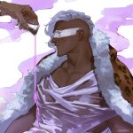  1boy artist_name bara belt cup dark-skinned_male dark_skin dripping fog highres jacket looking_to_the_side male_focus manly muscular muscular_male o3tofu original paint paint_on_body pectoral_cleavage pectorals pink_liquid red_eyes see-through_shirt silver_hair toga upper_body wet wet_clothes 