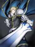  1boy armor bangs blonde_hair blue_eyes cape closed_mouth commentary_request fate/grand_order fate_(series) gauntlets gawain_(fate) kasei_yukimitsu knights_of_the_round_table_(fate) looking_at_viewer male_focus short_hair solo weapon 