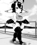  1girl absurdres bangs bracelet breasts clothes_writing crop_top crossed_bangs cutoffs demon_girl demon_wings earrings english_commentary full_body greyscale high_contrast highres horns jewelry long_pointy_ears low_wings medium_breasts monochrome mountainous_horizon narrow_waist ocean original pier pointy_ears shoes short_hair shortstack skin-covered_horns sneakers solo speedl00ver spiked_bracelet spikes thick_thighs thighhighs thighs walking wide_hips wings 
