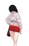  1girl ass backboob bag black_hair bob_cut breasts cameltoe cetacean_tail cigarette contrapposto cropped_jacket deliciousmeatart down_jacket flat_ass from_behind hand_on_hip handbag highleg highleg_panties highres holding holding_cigarette jacket kneepits large_breasts microskirt open_clothes open_jacket original panties pantyshot skirt smoking solo standing strapless thigh_gap tube_top underwear white_background white_jacket 