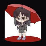  1girl bangs black_eyes black_hair black_necktie black_skirt chibi collared_shirt glasses grey_footwear hair_behind_ear highres holding holding_umbrella mole mole_under_mouth necktie park_ga-eul parted_bangs shirt shoes skirt sneakers solo sonyeo_jaepan umbrella white_shirt ying_zui_yu_weiba_de_shengzhang 