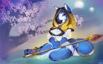  anthro background_sky blue_body blue_eyes bottomwear breasts canid canine clothed clothing digital_media_(artwork) female fox gem hair hi_res holding_object hood jewelry krystal light loincloth looking_at_viewer mammal melee_weapon moon moonlight nintendo outside plant solo spirale staff star_fox topwear tree video_games weapon 