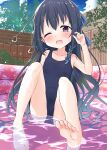  1girl barefoot black_hair black_swimsuit bow braid brown_eyes commentary_request commission fence hair_bow highres hiyama_yuki imooka long_hair one_eye_closed partially_submerged school_swimsuit single_braid skeb_commission solo swimsuit wading_pool water yuuko_(imooka) 
