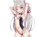  1girl alternate_costume animal_ears bangs blunt_bangs breasts cat_ears facial_mark highres leotard long_hair low_twintails navel nia_(blade)_(xenoblade) nia_(xenoblade) playboy_bunny see-through silver_hair simple_background small_breasts solo twintails very_long_hair white_background xenoblade_chronicles_(series) xenoblade_chronicles_2 yellow_eyes z-ki 