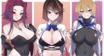  3girls bangs black_bra black_gloves black_leotard blonde_hair blue_bow blue_eyes blush bow bra breasts brown_eyes brown_hair collared_shirt covered_navel fingerless_gloves gloves highres izayoi_aki jacket large_breasts leotard mazaki_anzu multiple_girls open_clothes open_jacket open_shirt parted_hair red_hair shirt short_hair smile tenjouin_asuka torakami14 underwear white_jacket white_shirt yu-gi-oh! yu-gi-oh!_5d&#039;s yu-gi-oh!_duel_monsters yu-gi-oh!_gx 